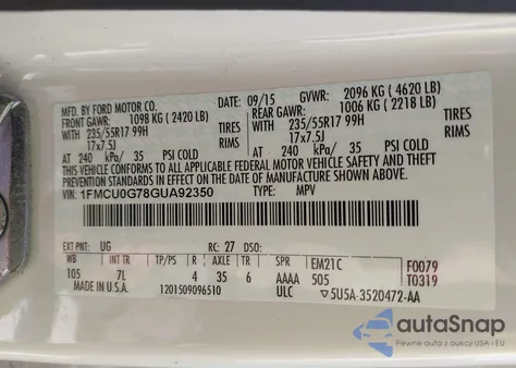 2016 Ford Escape Se z USA, uszkodzony, nr VIN 1FMCU0G78GUA92350